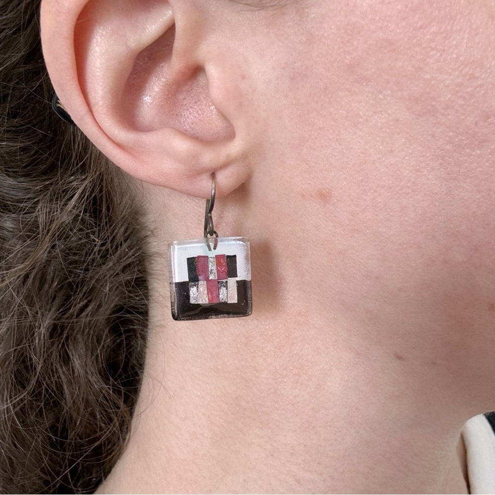 Geometric Square Glass Earrings Handmade Black White Pink Artisan Funky Art Y2K